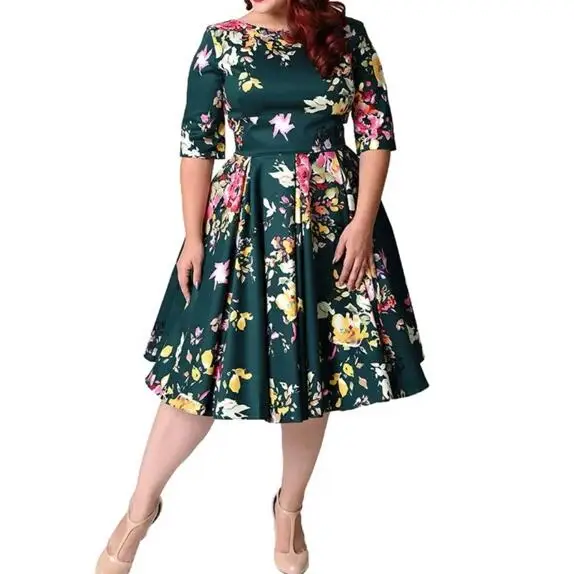 

Large Size 6XL 7XL 8XL Women Dress Vintage Zipper Floral Printed Tunic Big Swing Dress Plus Size Dresses 4XL 5XL 6XL AF847