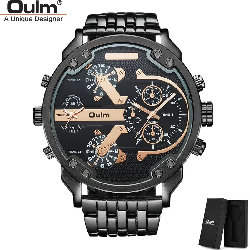 

Oulm Dropshipping Men's Luxury Watches Top Brand Big Size Large Quartz Clock Male Unique Cool Style 2 Time Zone Men Wristwatch