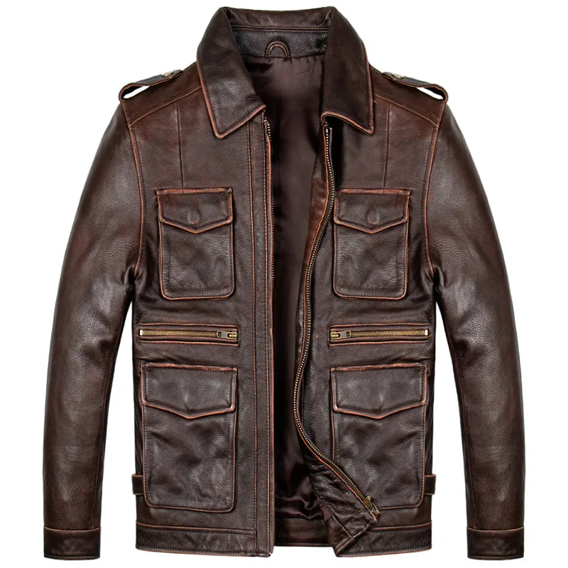 

men cow leather jacket outerwear man genuine leather jackets cowhide old-making retro casual coat