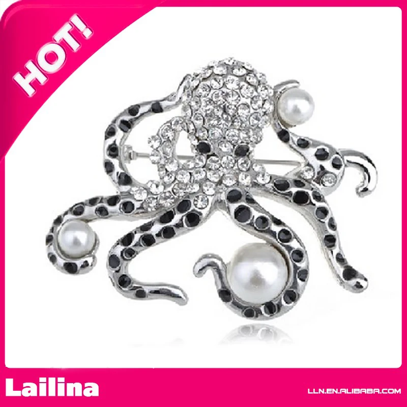 

Enamel Black Spotted Sea Ocean Octopus Faux Pearl Crystal Rhinestone Pin Brooch