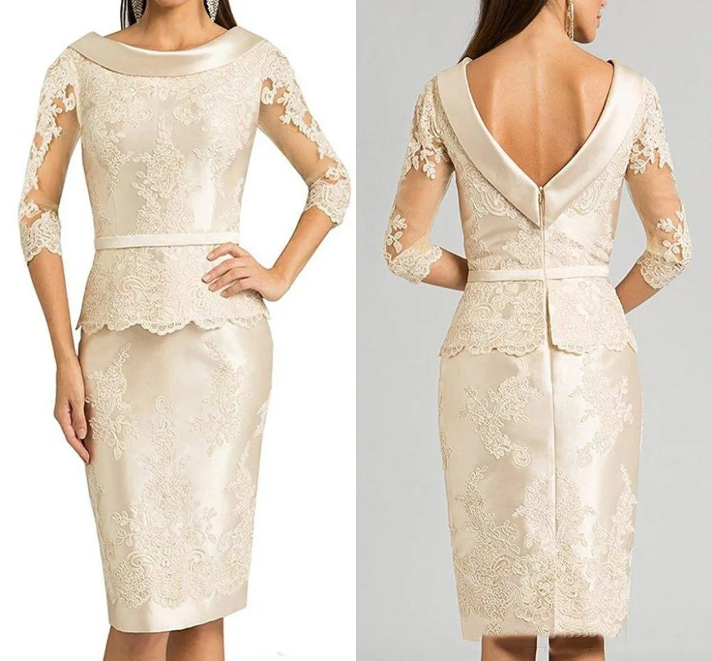 

Champagne Elegant 3/4 Long Sleeve Lace Applique Mother Of The Bride Dress Vestidos De Madrina De Boda Largos