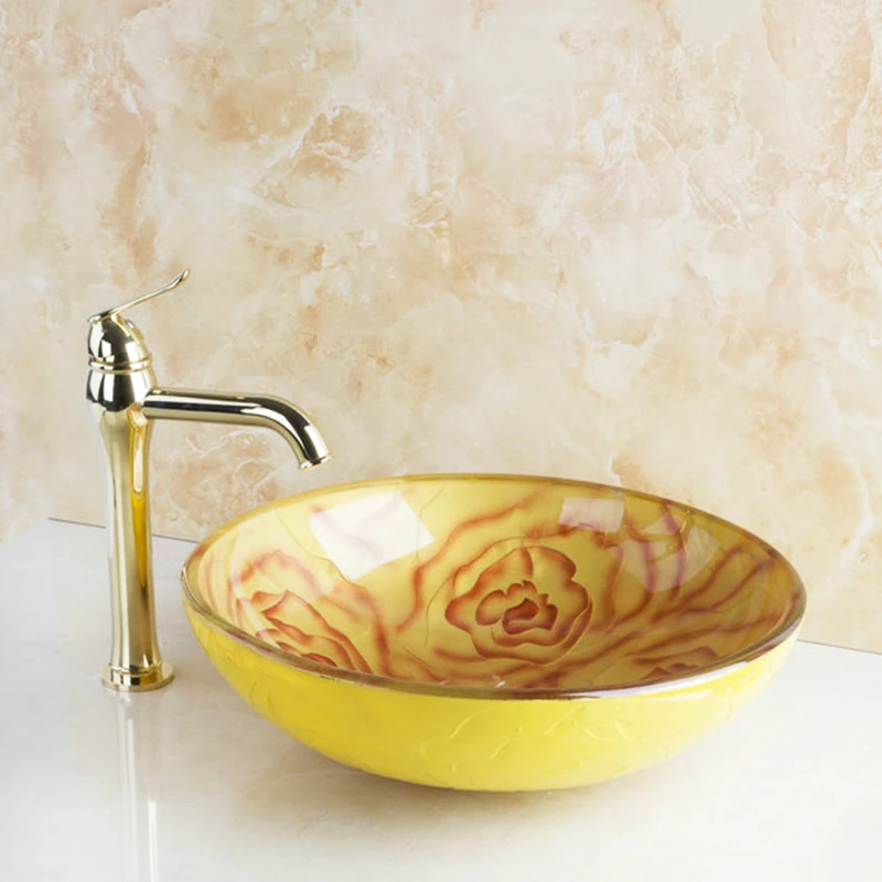 強化ガラスバスルームシンク,真ちゅう製の磨かれた金の蛇口セット AliExpress