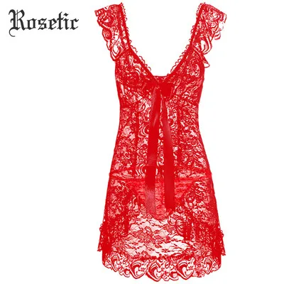 Rosetic женская готическая Сексуальная ночная рубашка кружевная ночная рубашка Ночное платье глубокий v-образный вырез полые платья просвечивающее белье размера плюс платье - Цвет: as picture