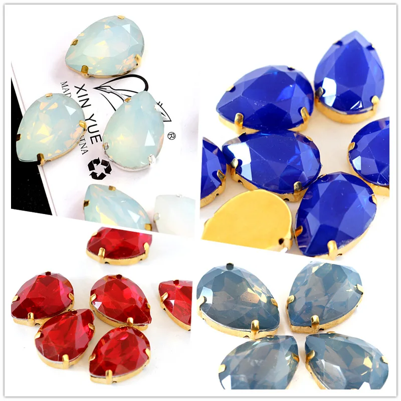 

20pcs Colorful Opal Teardrop Crystal Sew On Rhinestones With Gold Claw Flatback Resin Sew on Claw Stones For Wedding Dress B0731
