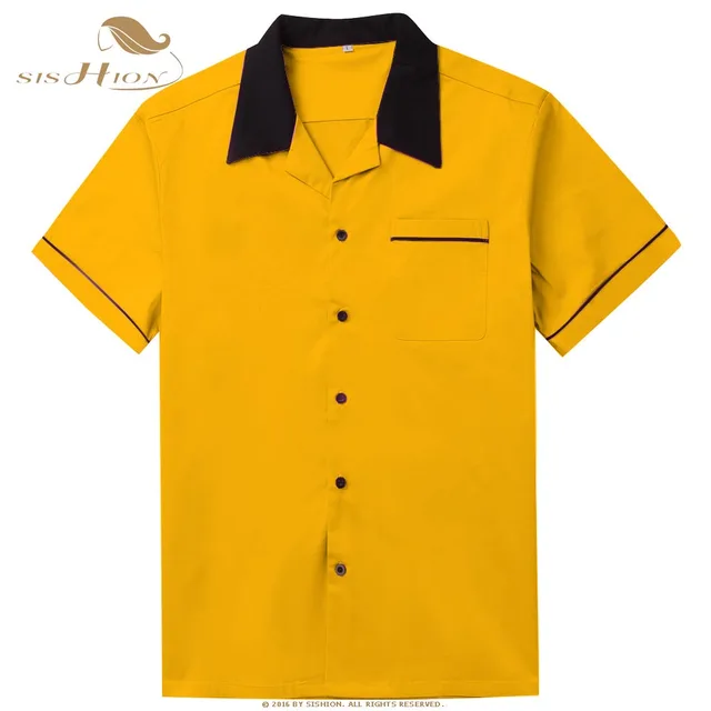 Best Price SISHION Bowling Shirt Short Sleeve Classic Retro Shirt ST117Y Yellow Red Cotton Mid-century Inspired Style Men Shirts Best Price SISHION Bowling Shirt Short Sleeve Classic Retro Shirt ST117Y Yellow Red Cotton Mid-century Inspired Style Men Shirts