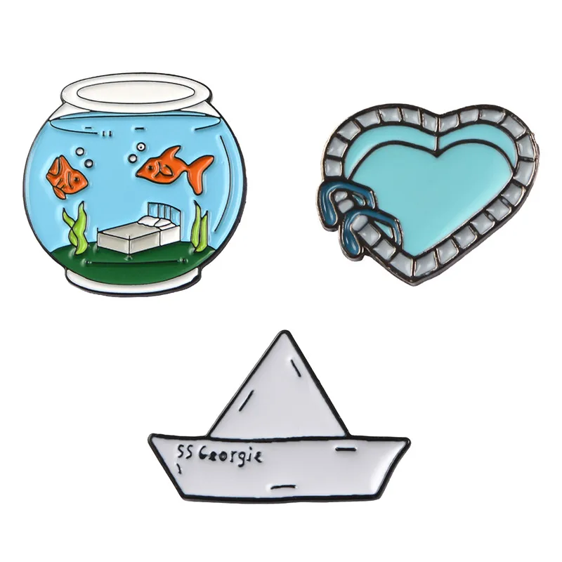 Аквариум оригами лодка бассейн Эмаль Булавка Парер лодка в форме сердца бассейн Рыба Брошь домик значки с героями мультфильмов для друзей детей - Окраска металла: 3pcs