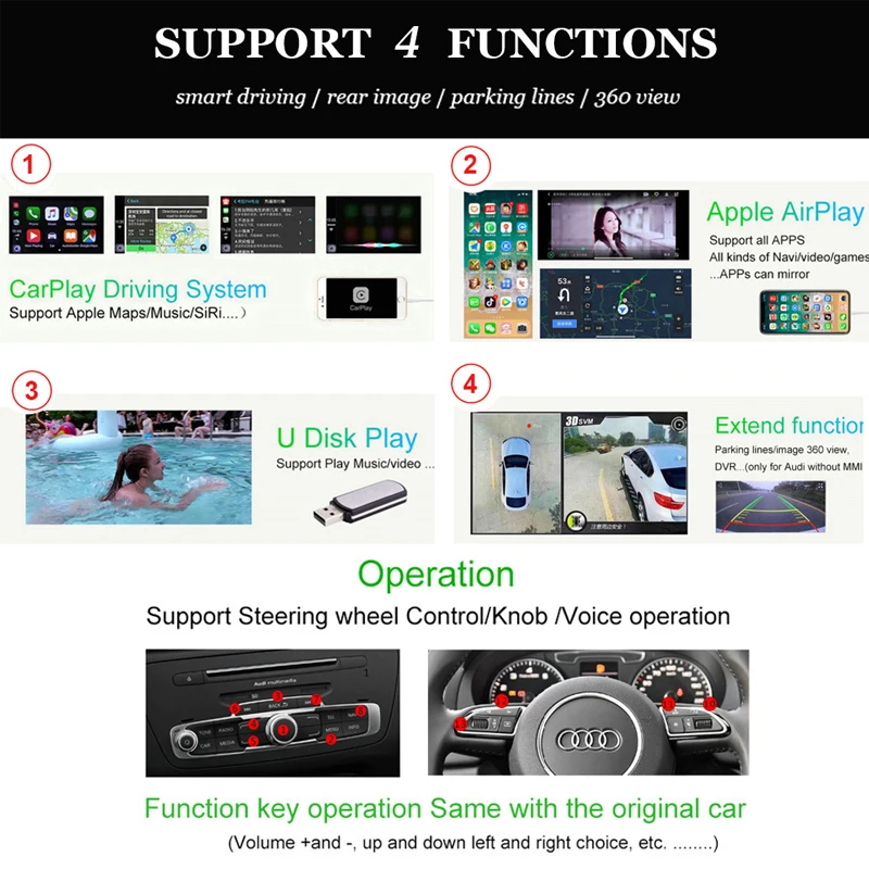 Carlinkit Wireless CarPlay Android Auto Retrofit kit for Audi MMI& No-MMI Original Screen Reverse image CarPlay Decoder