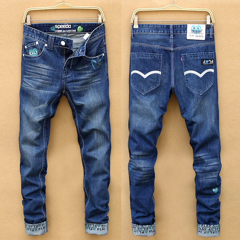 Love подворачиваемый подол джинсы мужские винтажные Ретро Печать отделка тонкие прямые длинные брюки