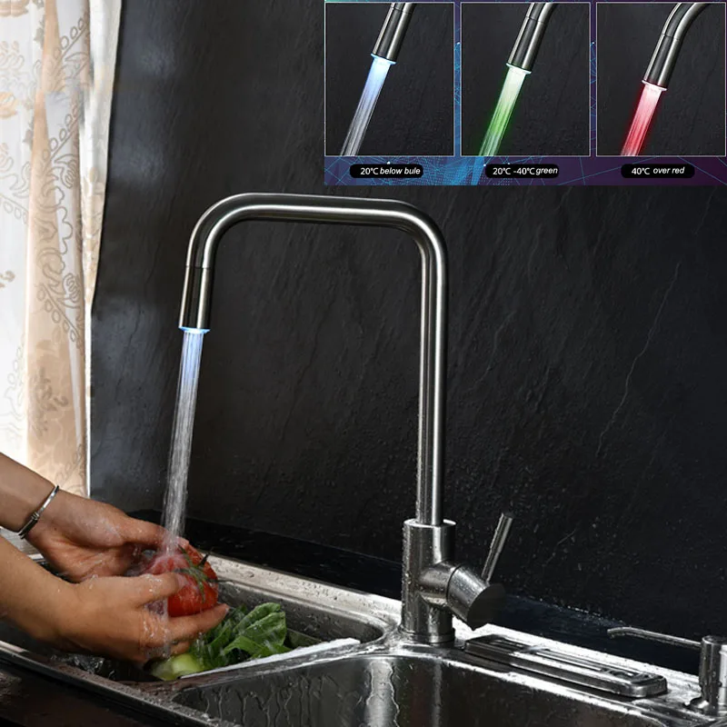 

LED Kitchen Faucet Temperature Control Color 304 Stainless Steel Brushed Surface Faucet Hot And Cold Mixed Water Kitchen Tap