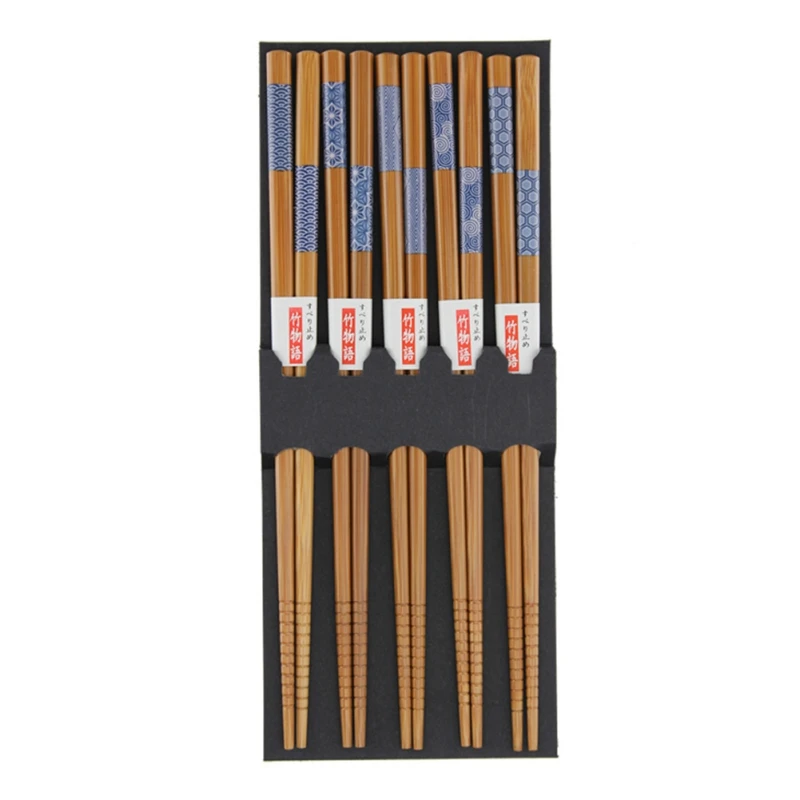 5 пар полезное в японском стиле бамбуковое палочки для еды многоразовый узор «Кот-счастливчик» палочки для еды в подарок для жениха - Цвет: B