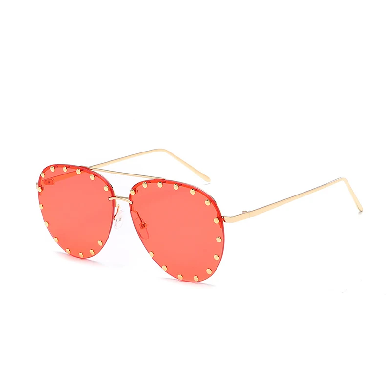 Королевские женские Овальные Солнцезащитные очки с заклепками модные брендовые дизайнерские черные розовые очки без оправы с двойным мостом оправа UV400 SS280 - Цвет линз: C4-Gold-Red