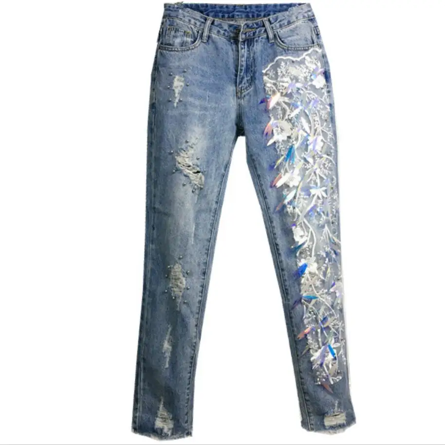 

Ripped Jeans Boyfriends Trousers Denim Pants mid Waist Jeans Loose Haren Jeans for Women Girl Sequined Tassel