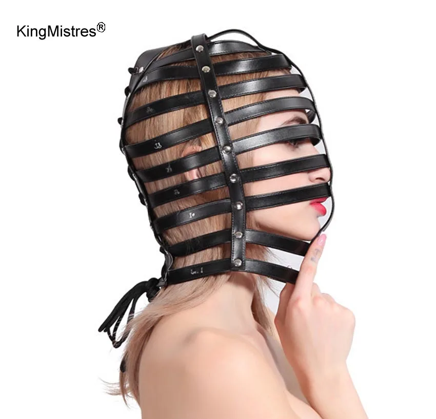 

Kinky PU Leather Strappy Cage Bondage Hood Back Lace Up Head Mask Halloween Fetish Sub Cosplay Gothic Costume