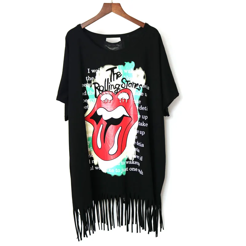 

Punk style Red lips print tassel oversized O neck women tops T shirts