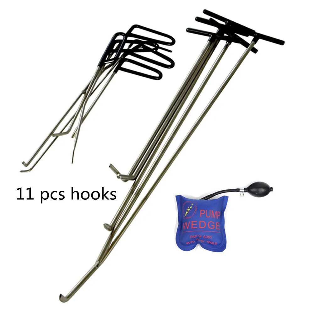 

PDR Hook Tools Dent Repair Kits Ding Hail Puller Push Rod Car Crowbar Paintless 12pcs/Set black color hook with pump wedge