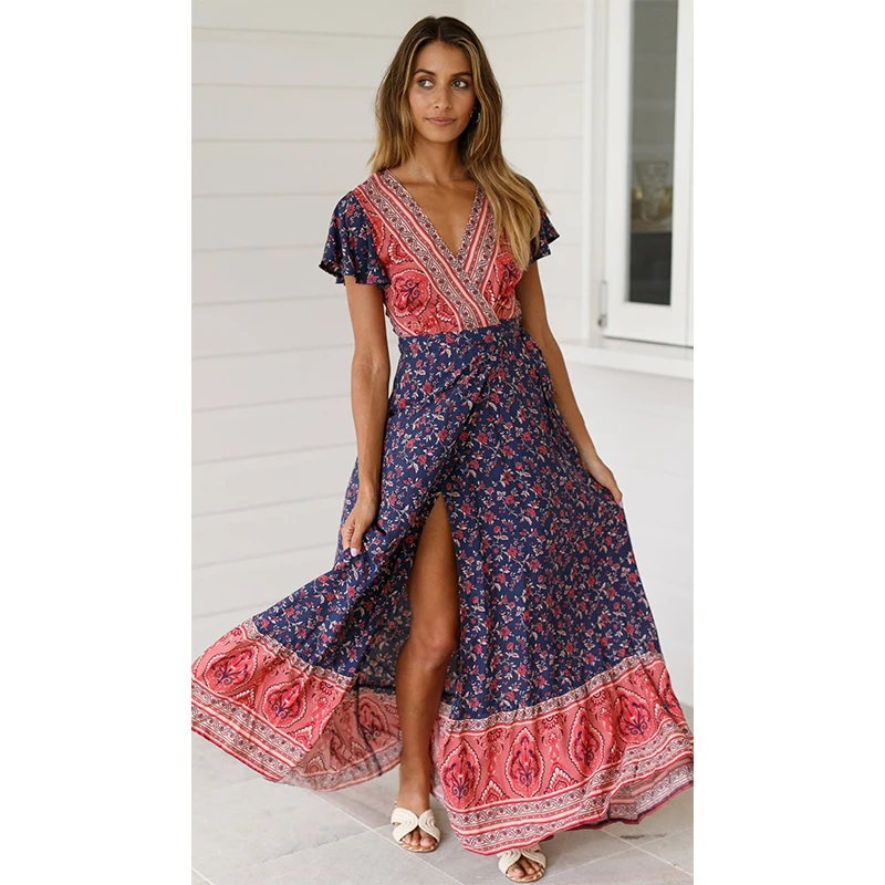 

2019 Spring And Summer New Hot Women Sexy V-neck Slim Waist Slits Flower Print Lace Up Dress National Style Casual Long Dress F3