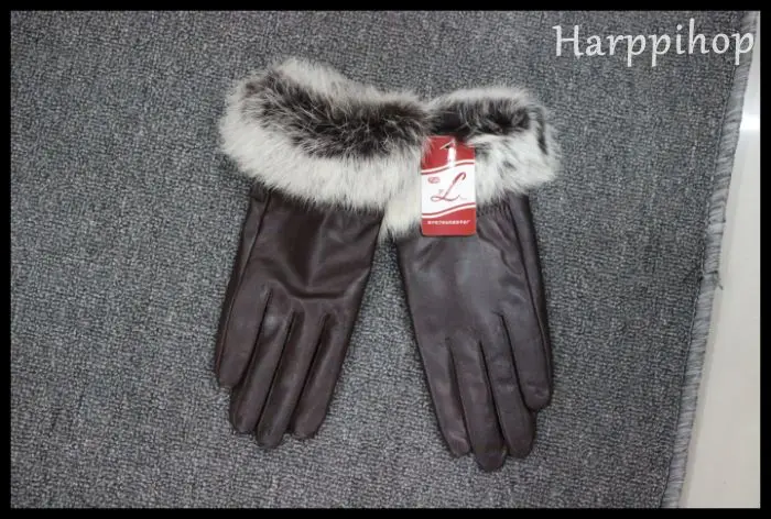Harppihop меха Для женщин зимние из натуральной кожи перчатки модный бренд мех кролика теплые для вождения женские перчатки из сафьяна Guantes