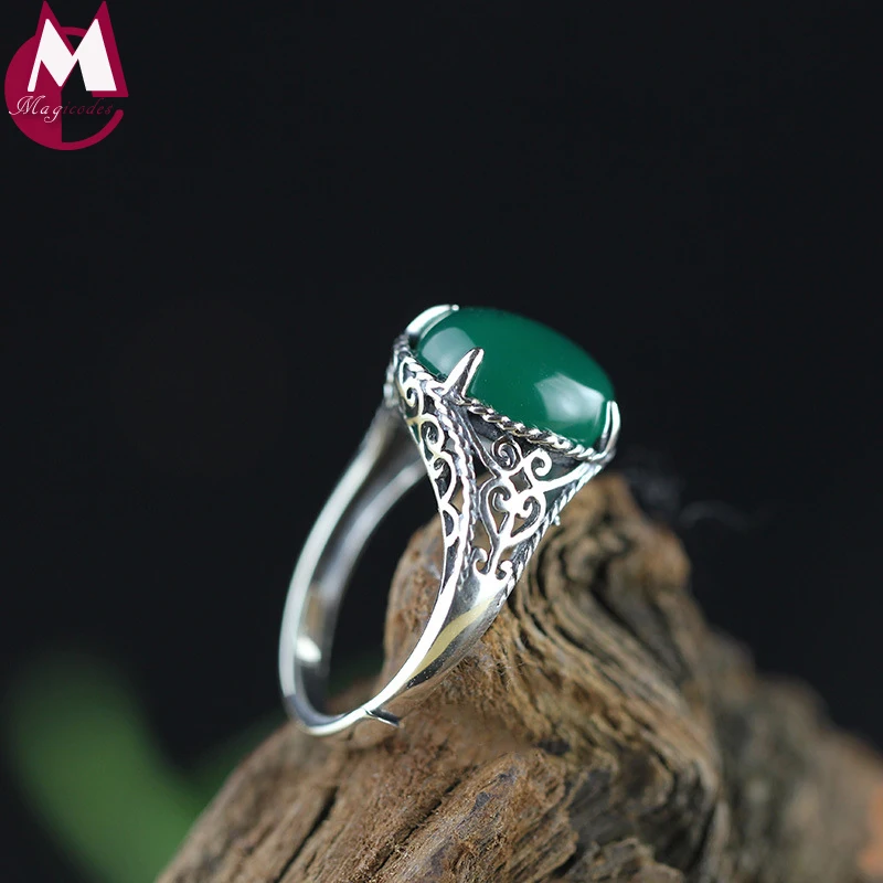 

Green Chalcedony Jade Rings Mothers' Gifts Fine Thai Silver Hollow Design 100% 925 Sterling Silver Rings Jewelry SR35