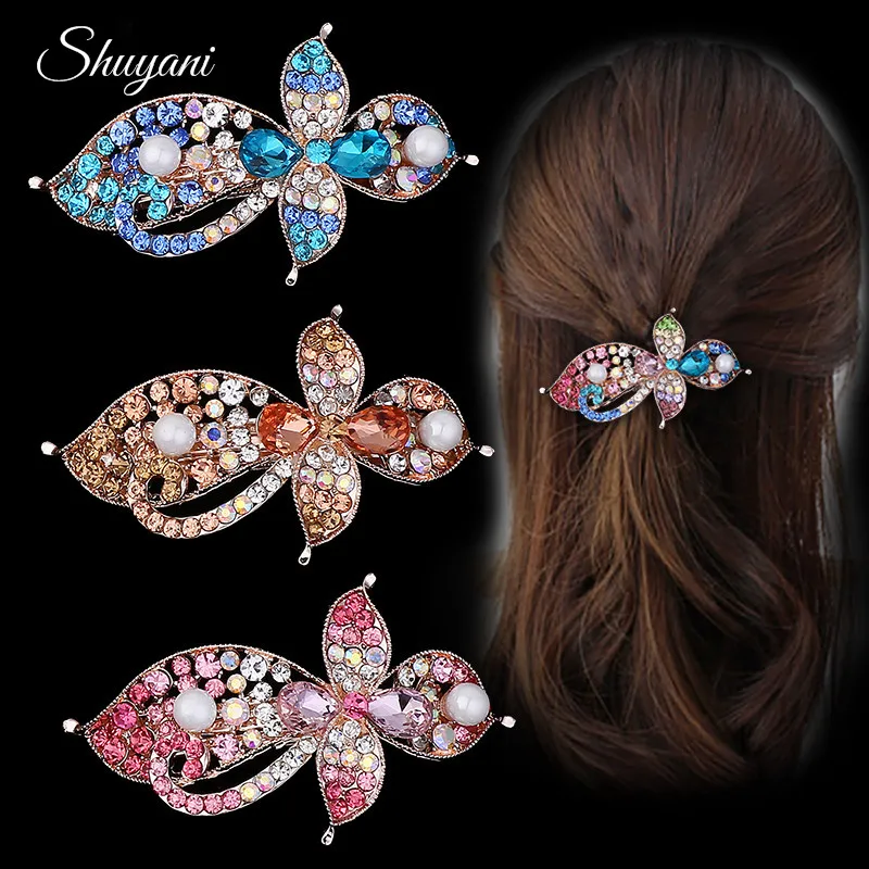 Elegant Rhinestone Leaf Flower Hair Clip Jewelry Simulated Pearl