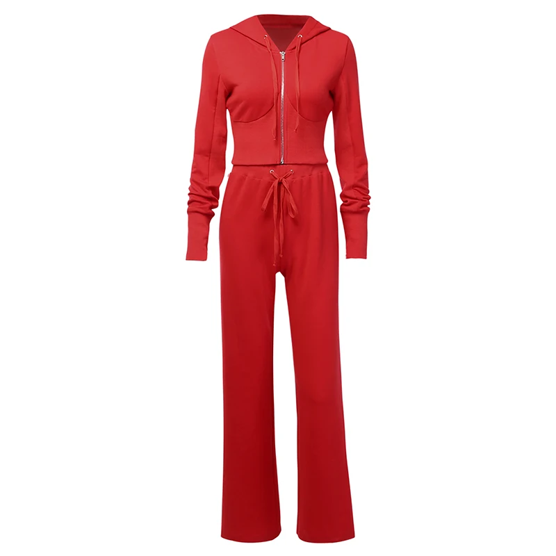 WannaThis/красные толстовки на молнии с длинными рукавами и расклешенными штанами на шнурке, простой комплект, женский осенний комплект из двух предметов, повседневная однотонная кофта - Цвет: Red