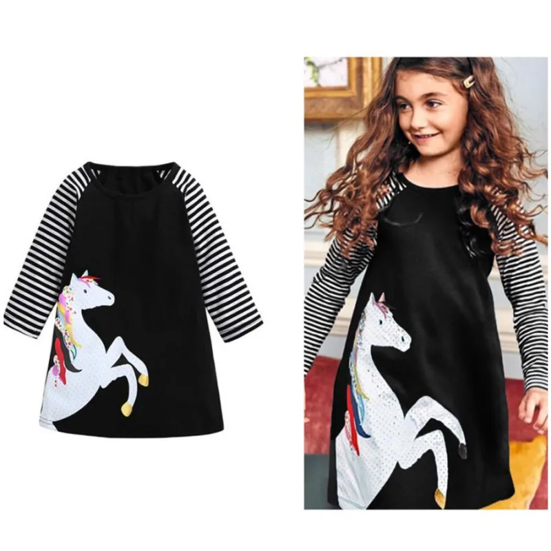 

Autumn Baby Girls Horse Print Dresses Kids Girl Striped Long Sleeve Dress Christmas Dress For Girls Party Casual Vestido
