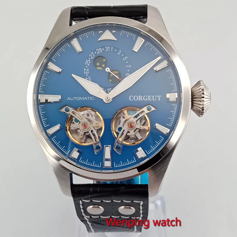46mm coffee dial steel case Corgeut luminous automatic Date mens wrist watch W2823 - Цвет: Blue dial