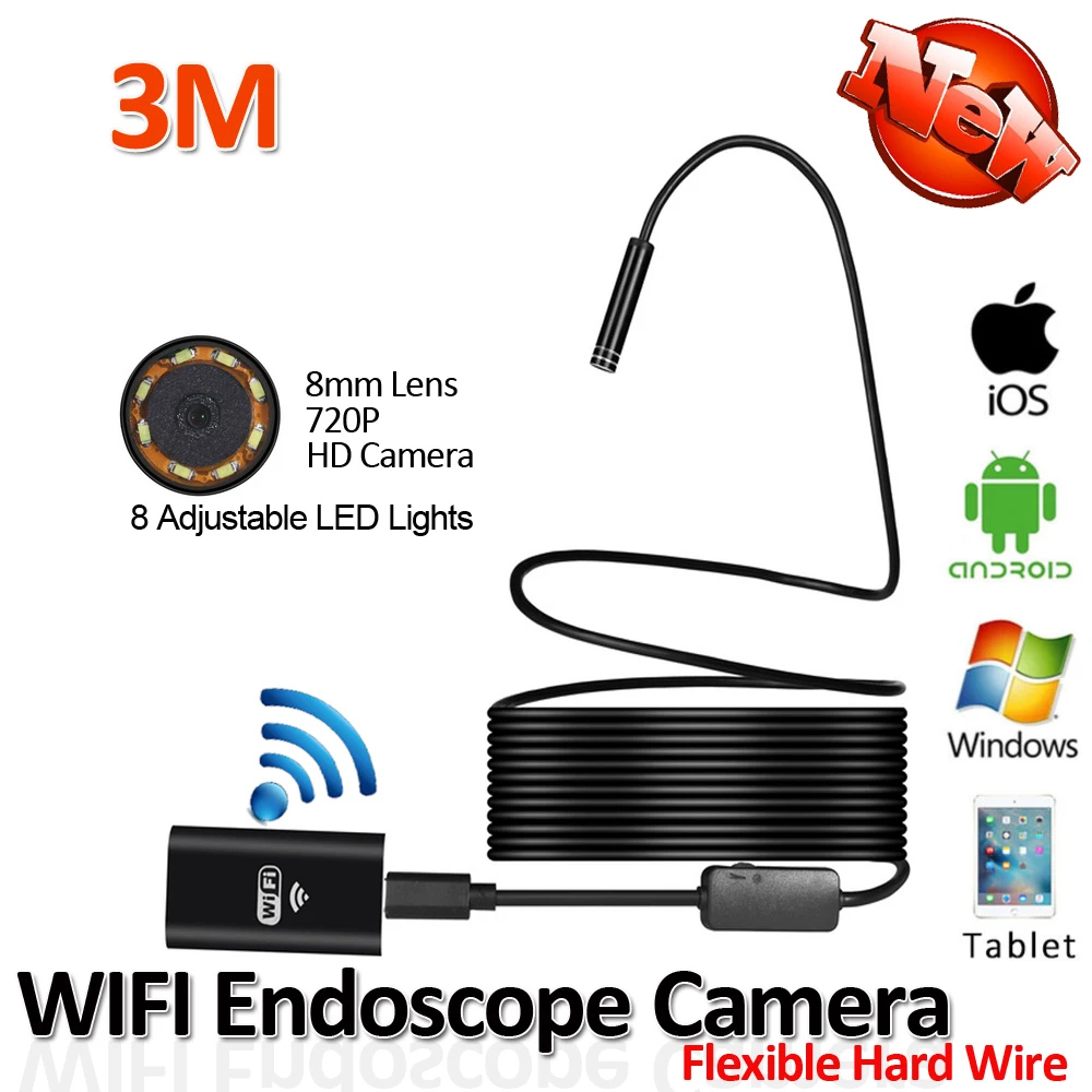 8LED HD720P 10M 2MP Hard Flexible Snake USB WIFI Android IOS Endoscope