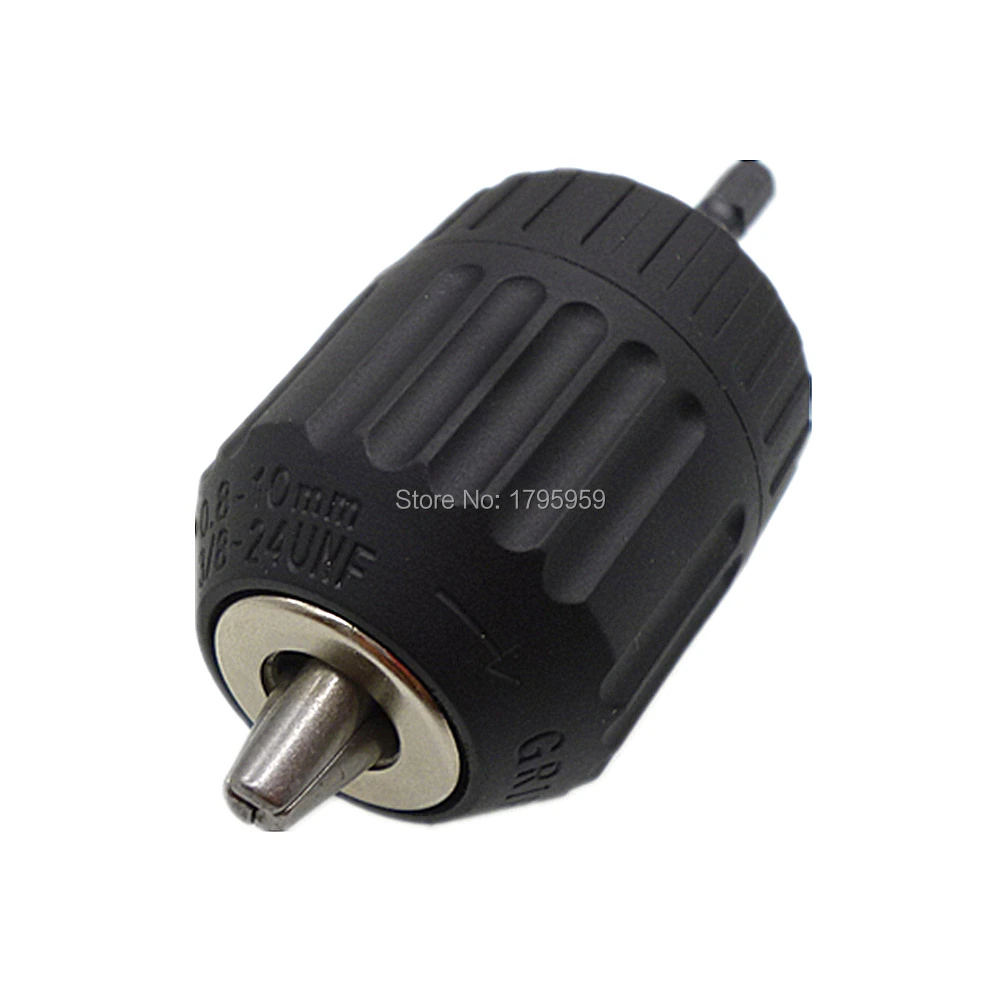 

Keyless Drill Chuck Converter 0.8-10mm 3/8in 24UNF Thread With Drill Bit Chuck Quick Change 1/4in Hex Shank Adaptor Drive Shaft