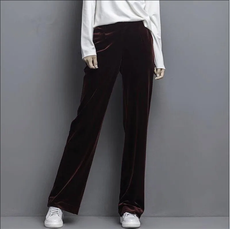 Мода 2019 г. зимние для женщин длинные бархатные брюки для девочек, Англия Стиль Свободные Повседневное staight широкие брюки велюровые брюки