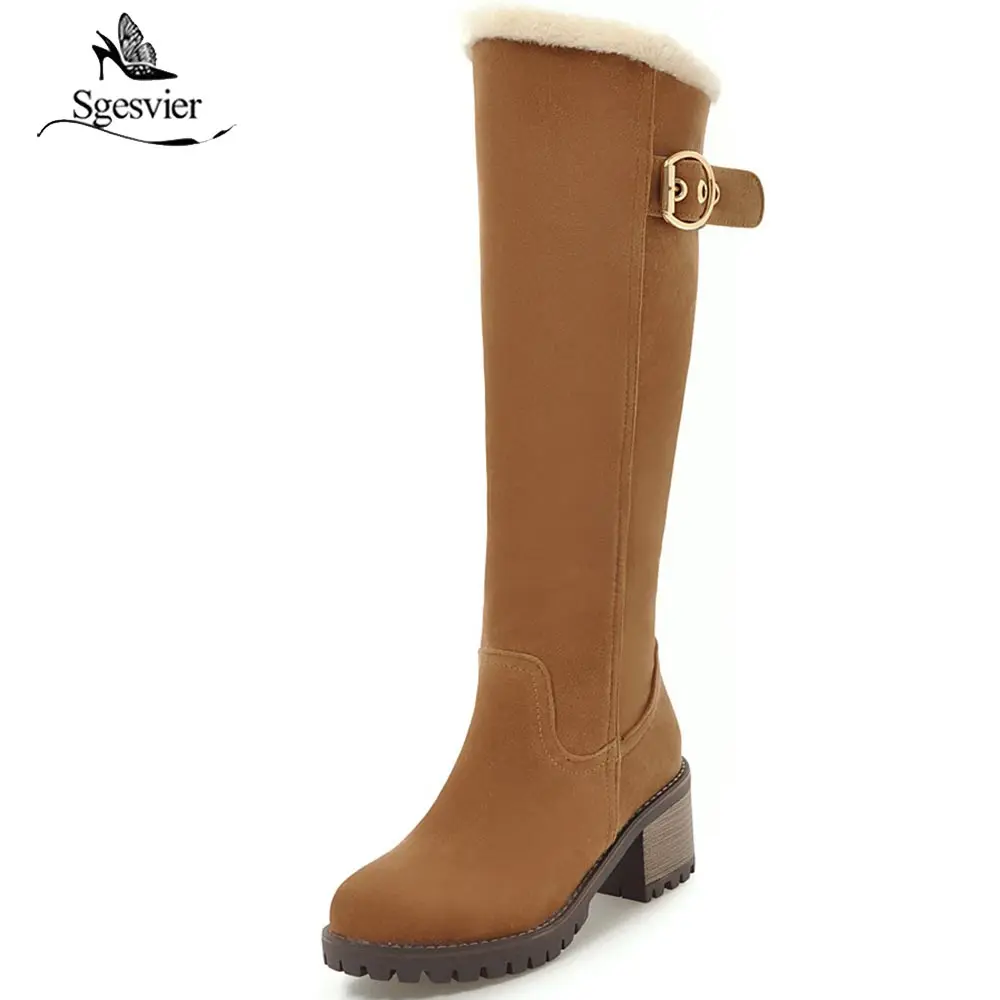 Ceny SgesvierWomen buty damskie zimowe buty kobieta futro ciepłe buty na śnieg moda kwadratowe wysokie obcasy buty do kolan czarne buty