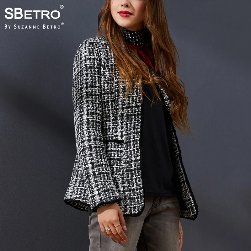

SBetro Office Lady Jackets Coat Black White Tweed Fitted Fashion Plus size Women Winter Slim Coats Jacket Femme