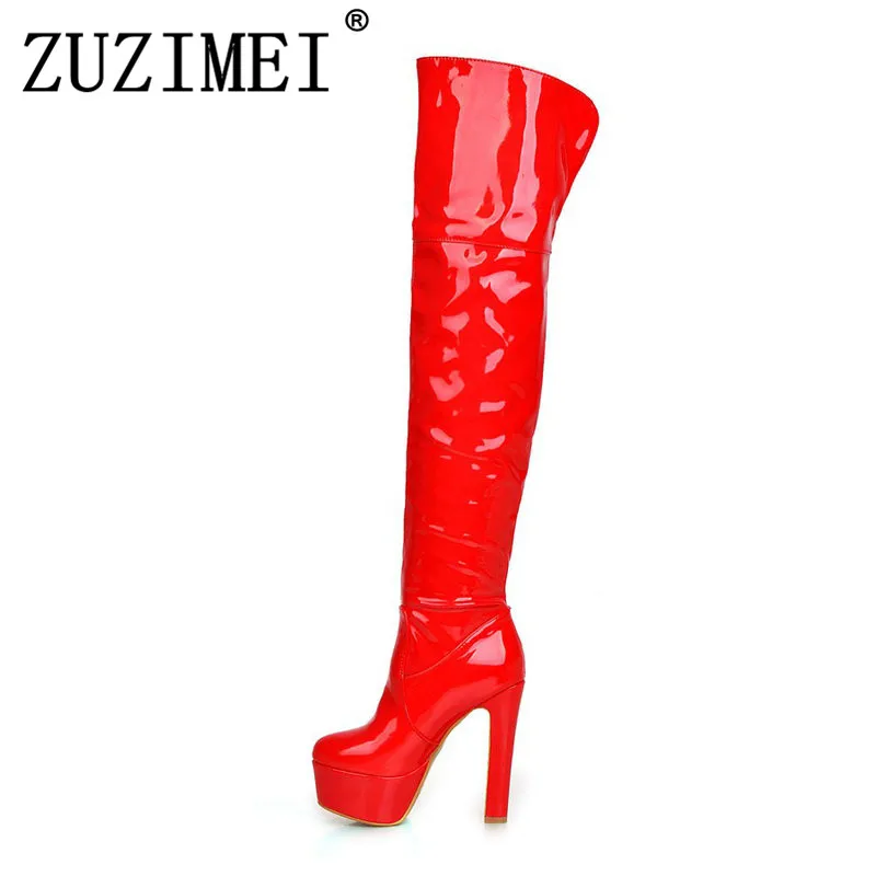 

Warm Winter Platform Thick High Heel Thigh Boots Fashion Cross Tied Nightclub Women Shoes Black Red White