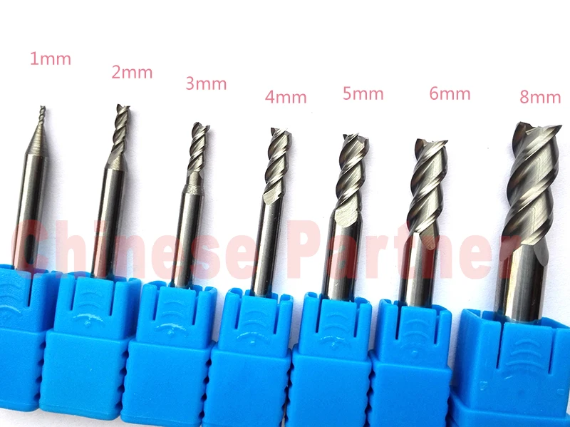 7pcs/lot 1mm,2mm,3mm,4mm,5mm,6mm,8mm HRC50 3Flutes End mill for