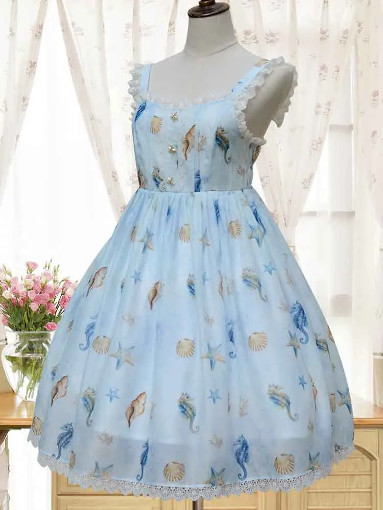 Милое платье в стиле Лолиты JSK, женская летняя голубая юбка из органзы с принтом, платье принцессы на бретельках, платья без рукавов для девочек размера плюс