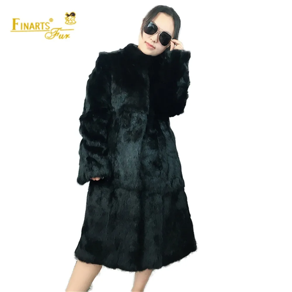 Winter Long Real Rabbit Fur Coat Women Solid Color Genuine Rabbit Fur