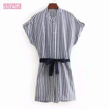 

2019 Summer Women's New Vertical Stripe Print Thin Waist Strap Casual Jumpsuit Korean fashion casual women seaside holiday women