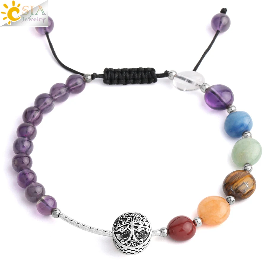 

CSJA Chakra Irregular Natural Stone Braided Bracelet Tree of Life Rope Adjustable Lettering Charms Bangle Jewelry for Women F987