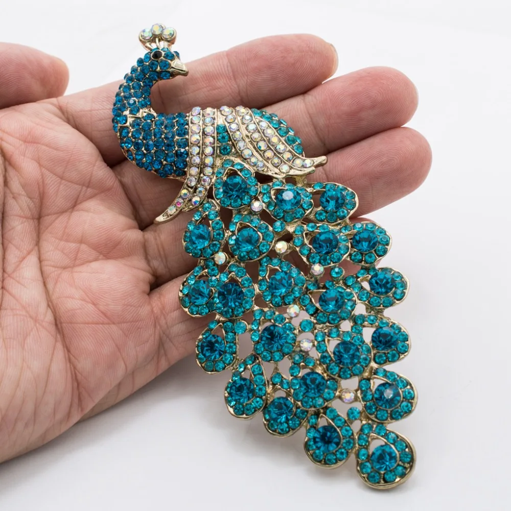 Blue Rhinestone Crystals Peafowl Peacock Brooch Pins Women Dress Bags