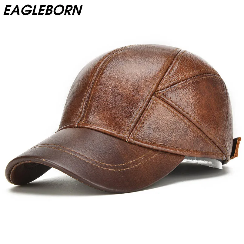 

EAGLEBORN 2019 Genuine Leather Baseball Cap For Man Male with Ear Flaps Classic Brand New Black/Brown Gorras Dad Fashion