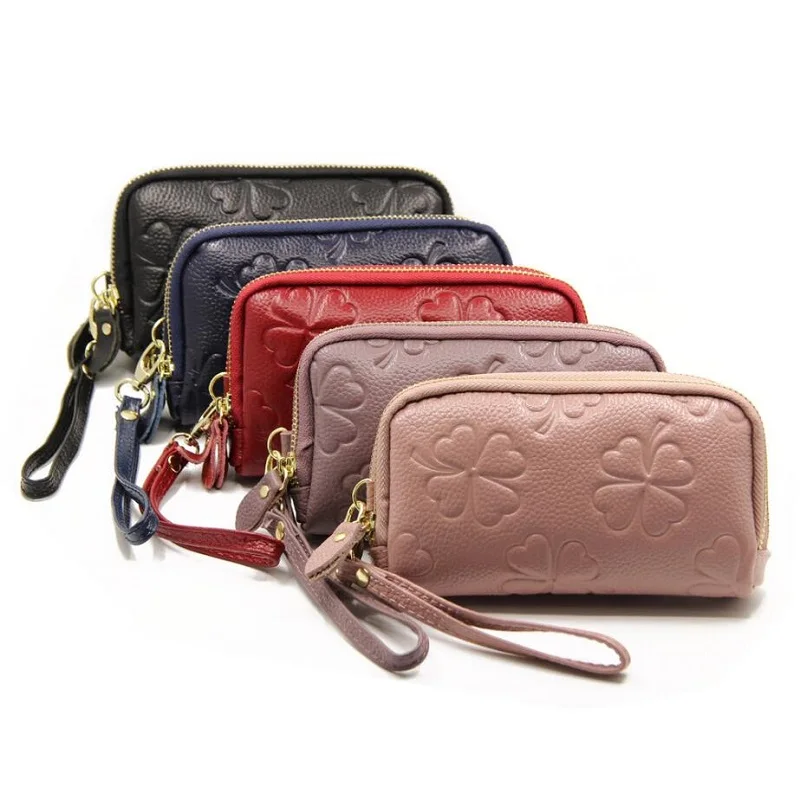 

New four leaf flower clover double zipper top cowhide lady hand bag long leather wallet