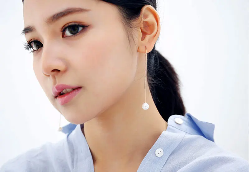 

Fashion Big 10mm White Round Sea shell pearl and Gold-Color sterling silver s925 Ear Line dangle 4'' Earring-ear656