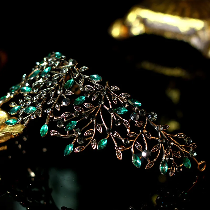  Luxury Baroque Black Green Crystal Leaf Bridal Crown Tiaras Rhinestone Crowns Infantis Brides Headb