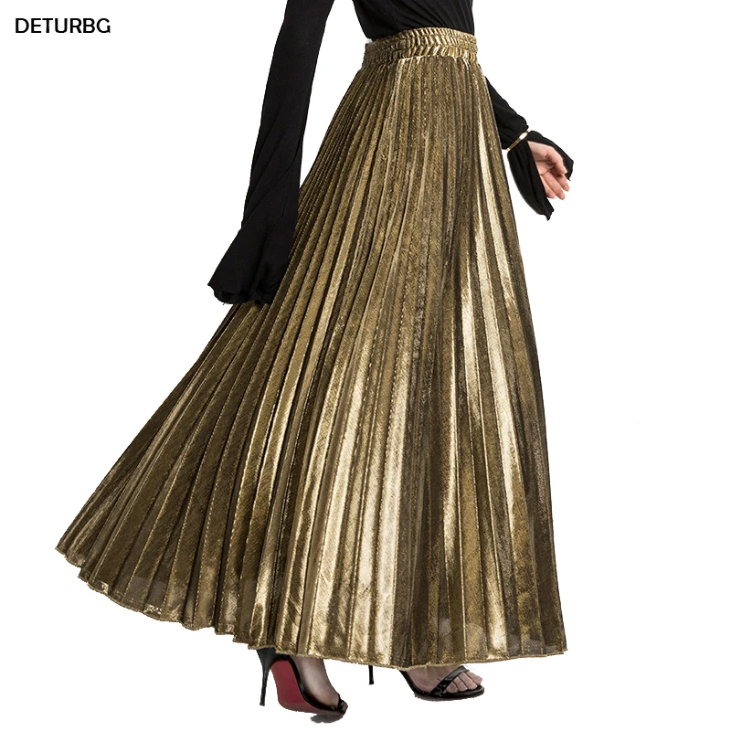 

2018 Spring Metallic Pleated Maxi Skirt High Waist Harajuku Large Swing Gold Long Skirts For Women Plus Size XXL Saias SK275