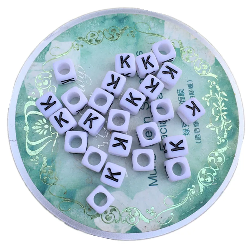 Free Shipping 100pcs/lot 6*6MM Cube Alphabet Beads Single Initial K Printing Plastic Acrylic Square Big Hole Letters | Украшения и