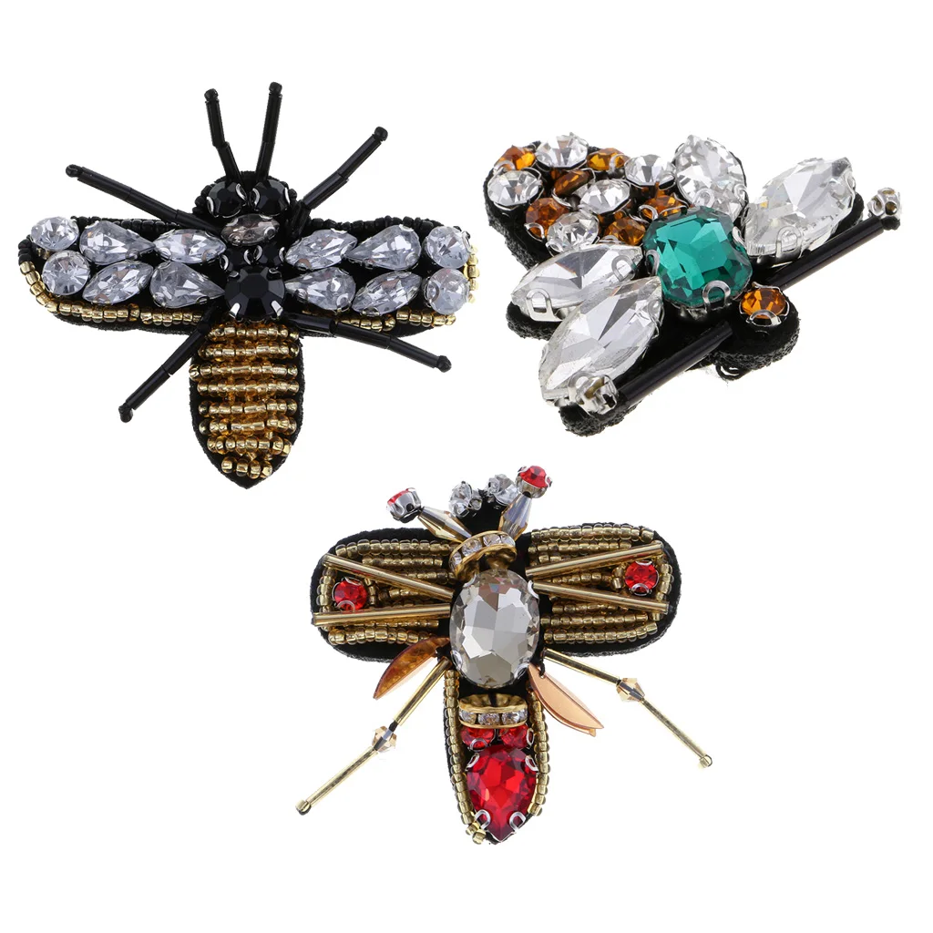 3 Pieces/set Insects Bee Rhinestone Beaded Patches Embroidery Sew on Applique