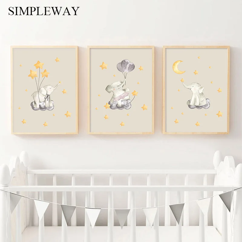 

Elephant Moon Star Art Canvas Poster Animal Nursery Print Canvas Painting Wall Picture Nordic Kids Baby Bedroom Decoration