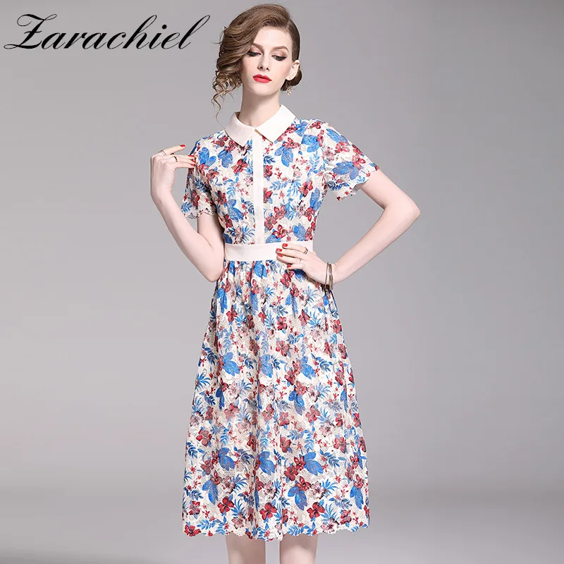 

2019 Runway Summer Dress Slim A Line Women's Short Sleeve Contrast Color Turn Down Collar Flower Print Water Soluble Lace Dress