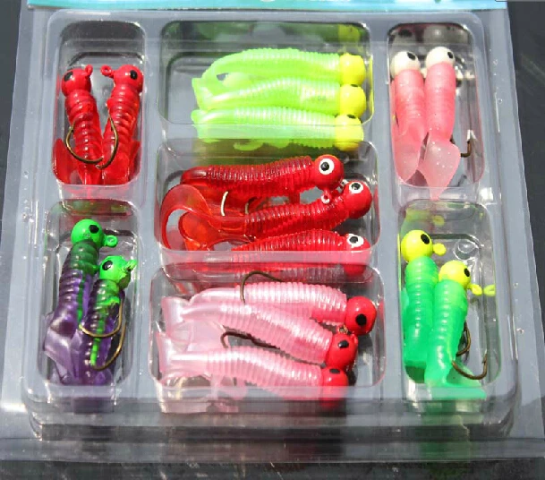 17pcs curly tail soft lure jig head fishing lure kit grub jig head