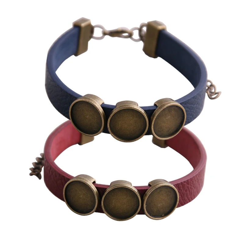 5pcs Fit 12mm Cabochon Bracelet Base Settings Flat Brown Leather Bracelets  Bezel Tray Blank Diy Jewelry