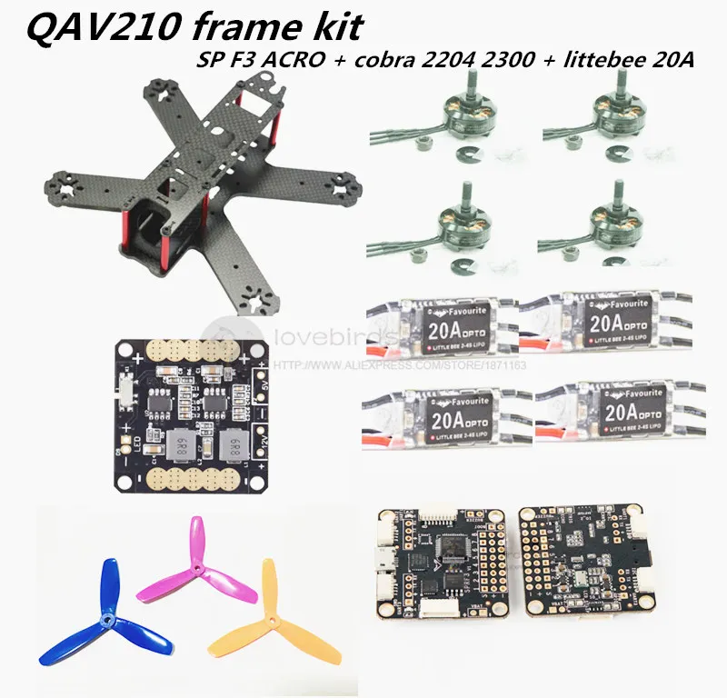 

FPV QAV210 quadcopter mini drone frame kit pure carbon frame + cobra 2204 2300KV motor + littlebee 20A ESC +SP racing F3 Acro